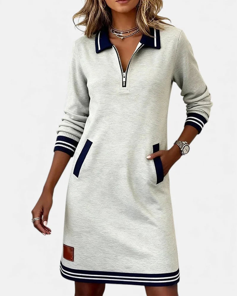 Jeanne Striped Trim Zip-Collar Dress in Grey