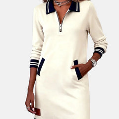 Jeanne Striped Trim Zip-Collar Dress in Cream