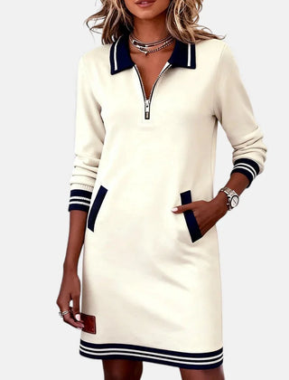 Jeanne Striped Trim Zip-Collar Dress in Cream