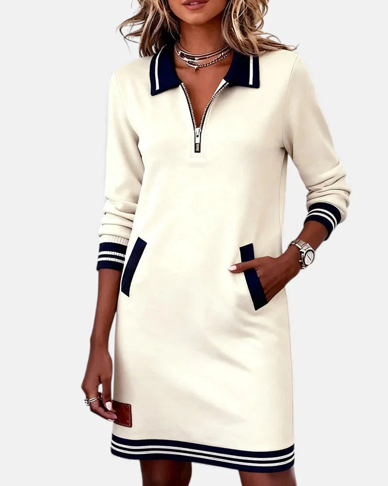 Jeanne Striped Trim Zip-Collar Dress in Cream