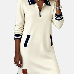 Jeanne Striped Trim Zip-Collar Dress in Cream