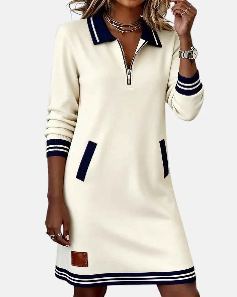Jeanne Striped Trim Zip-Collar Dress in Cream