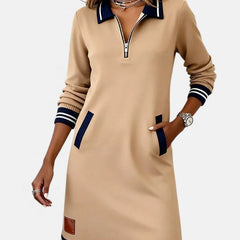 Jeanne Striped Trim Zip-Collar Dress in Beige