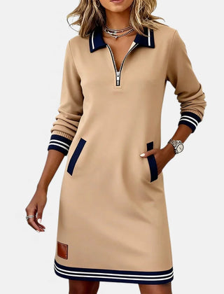 Jeanne Striped Trim Zip-Collar Dress in Beige