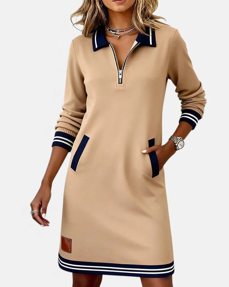 Jeanne Striped Trim Zip-Collar Dress in Beige