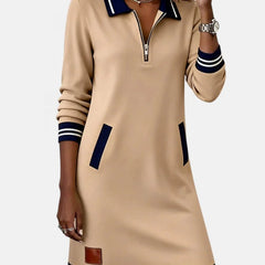 Jeanne Striped Trim Zip-Collar Dress in Beige
