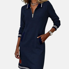 Jeanne Striped Trim Zip-Collar Dress in Navy