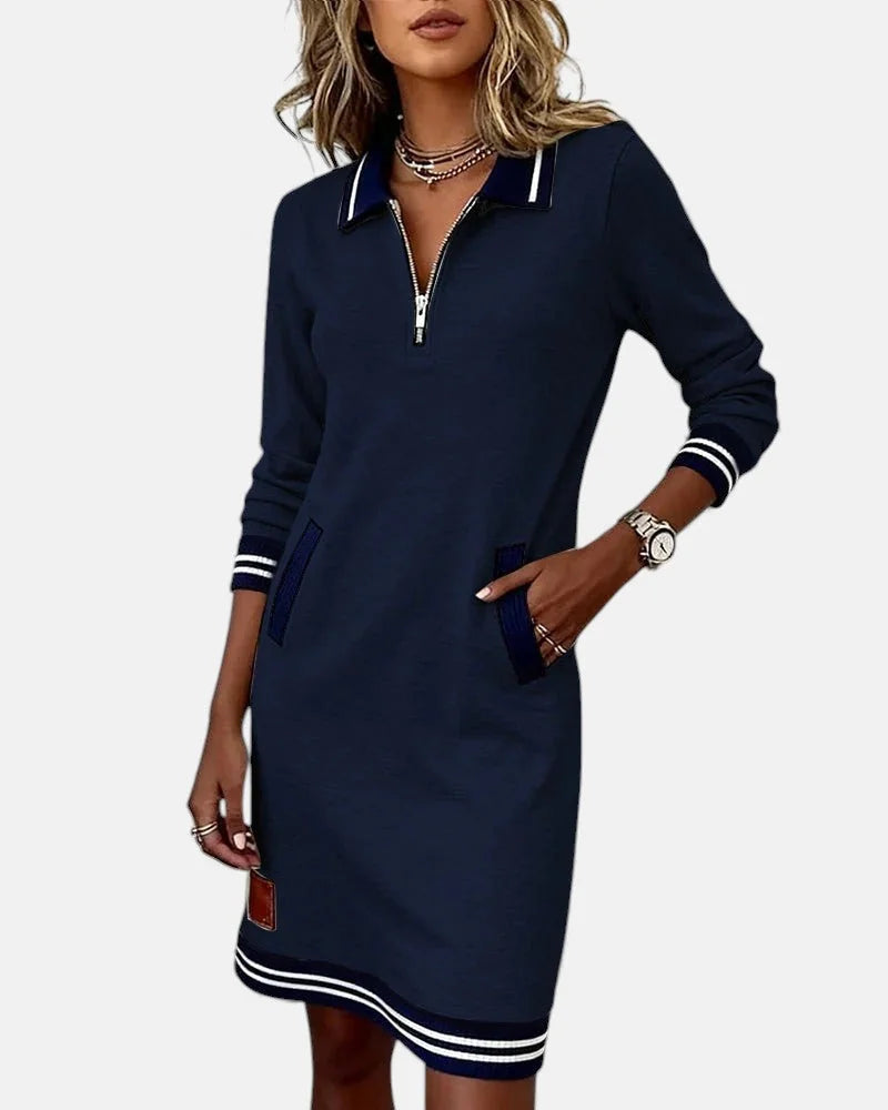Jeanne Striped Trim Zip-Collar Dress in Navy