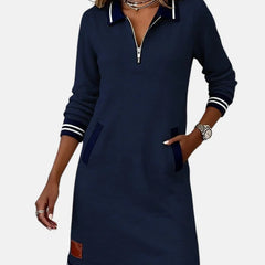 Jeanne Striped Trim Zip-Collar Dress in Navy