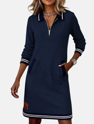 Jeanne Striped Trim Zip-Collar Dress in Navy