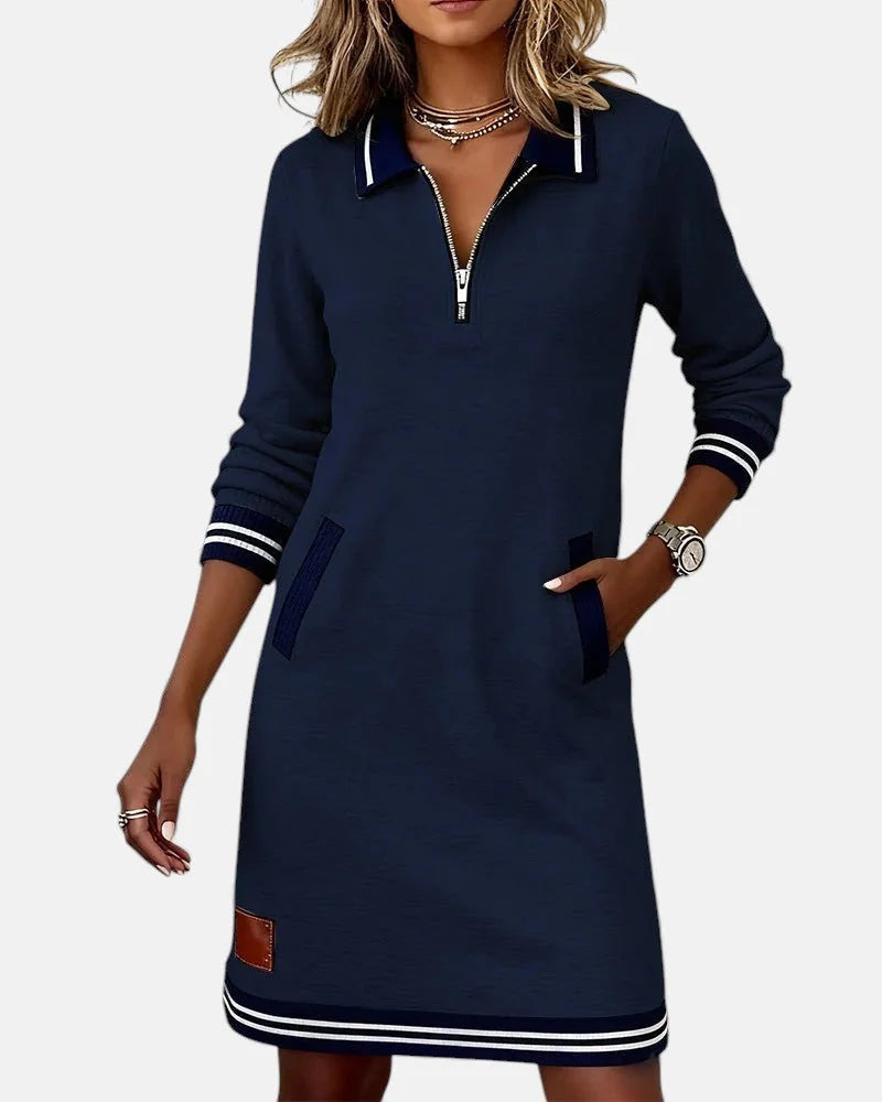 Jeanne Striped Trim Zip-Collar Dress in Navy