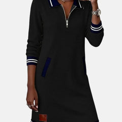 Jeanne Striped Trim Zip-Collar Dress in Black