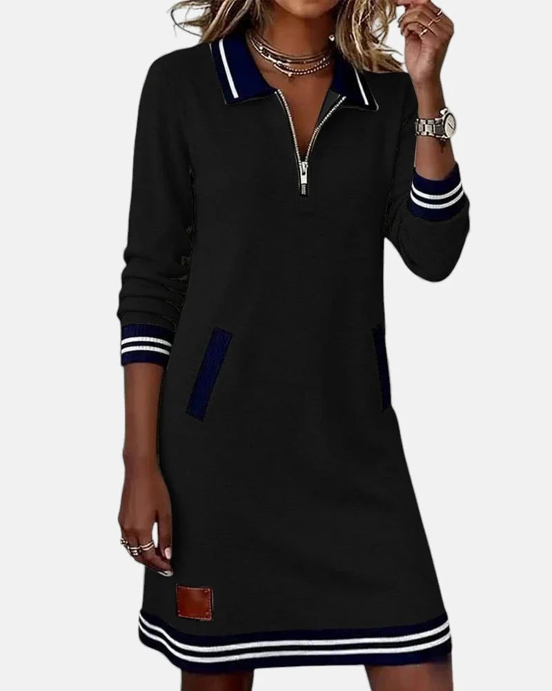 Jeanne Striped Trim Zip-Collar Dress in Black