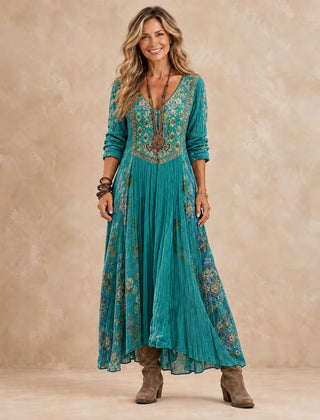 Jennifer Embroidered Look Turquoise Maxi Dress in Turquoise