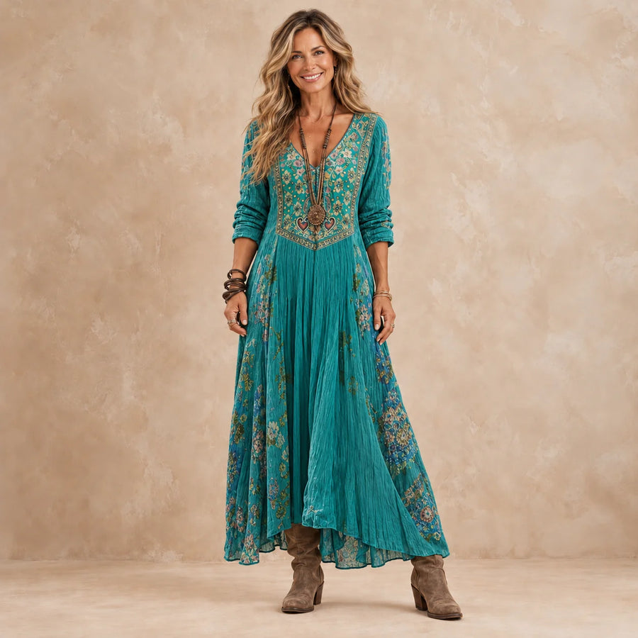 Jennifer Embroidered Look Turquoise Maxi Dress in Turquoise