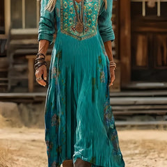 Jennifer Embroidered Look Turquoise Maxi Dress in Turquoise