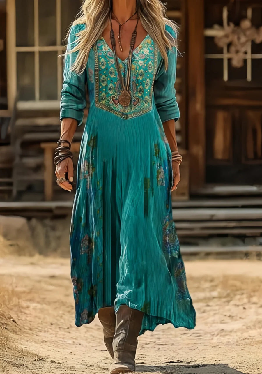 Jennifer Embroidered Look Turquoise Maxi Dress in Turquoise