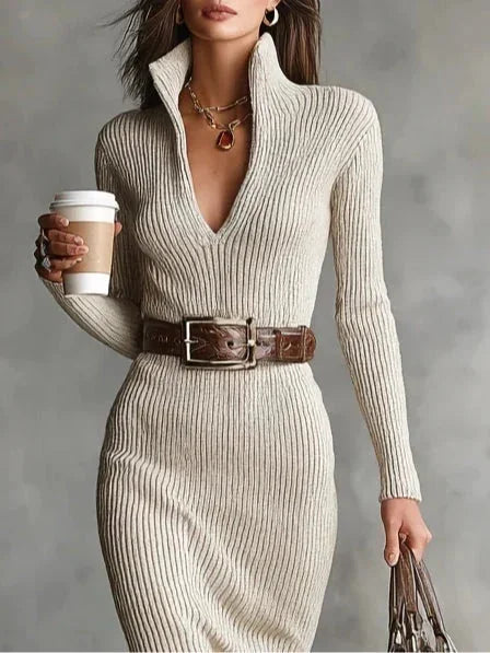 Jessica Ribbed Collared Midi Sweater Dress in Cream