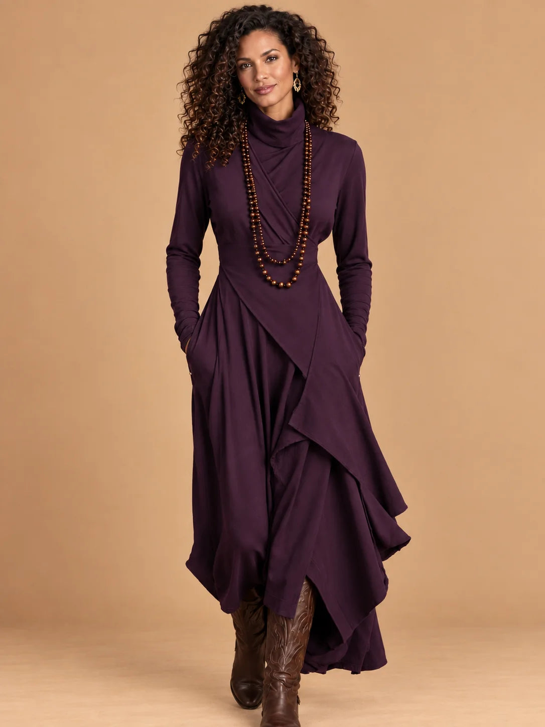 Joan Draped High-Neck Maxi Dress in Purple