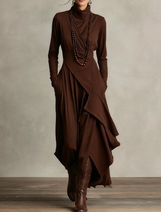 Joan Draped High-Neck Maxi Dress in Brown