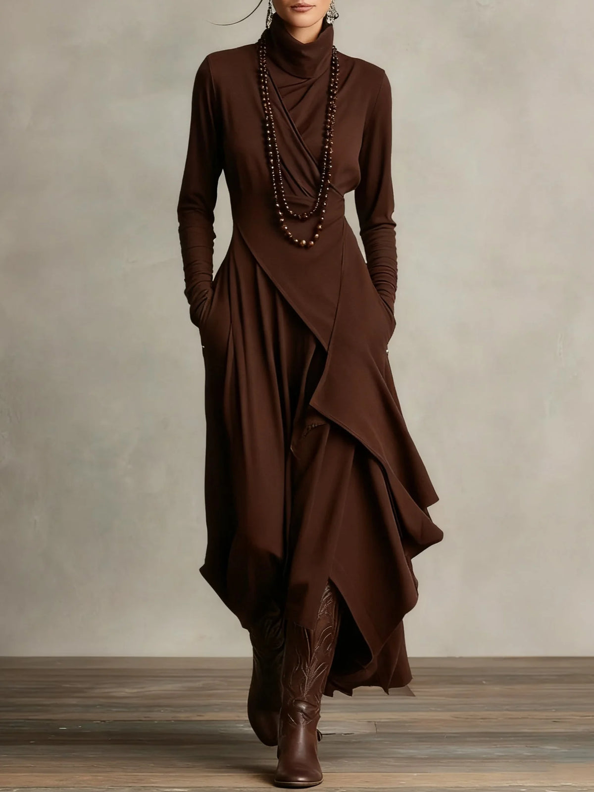 Joan Draped High-Neck Maxi Dress in Brown
