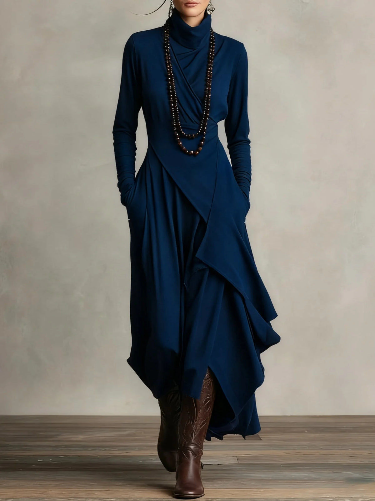 Joan Draped High-Neck Maxi Dress in Navy