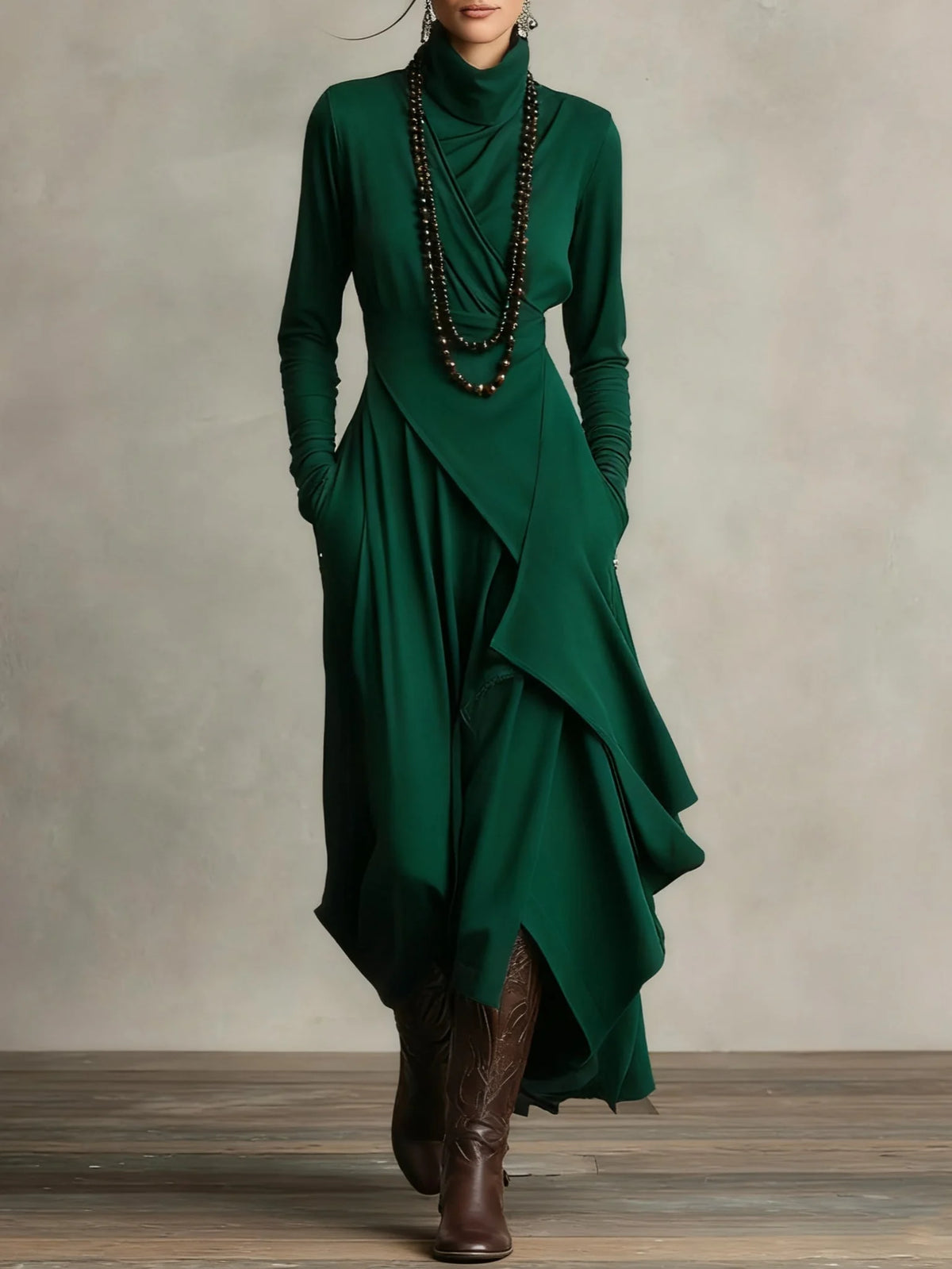 Joan Draped High-Neck Maxi Dress in Green