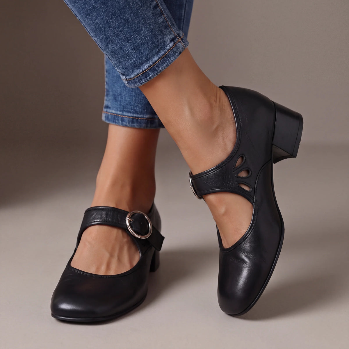 Jocelyn Block Heel Buckle Mary Janes in Black