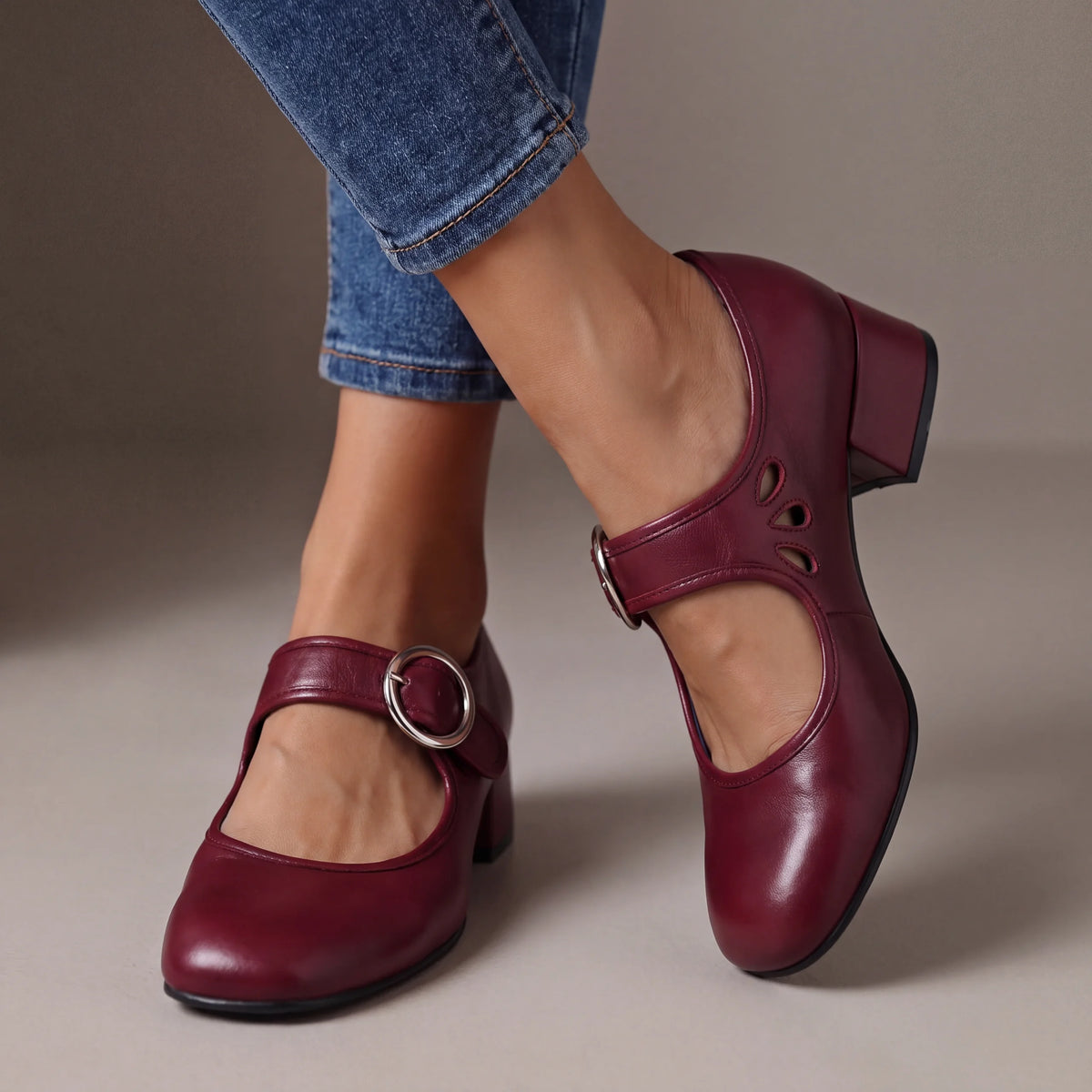 Jocelyn Block Heel Buckle Mary Janes in Burgundy