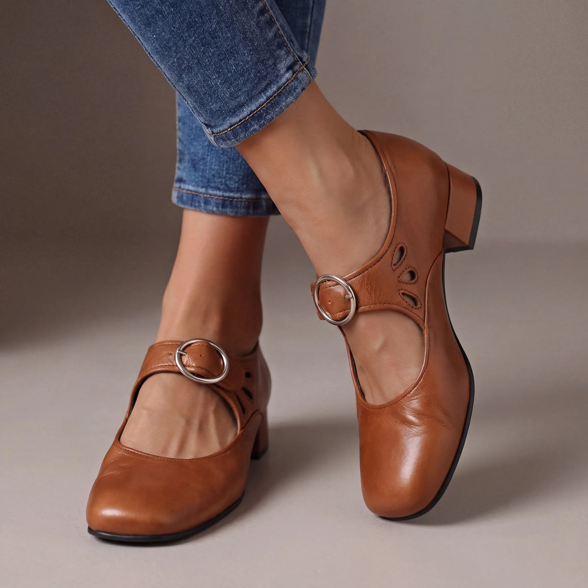 Jocelyn Block Heel Buckle Mary Janes in Cognac Brown