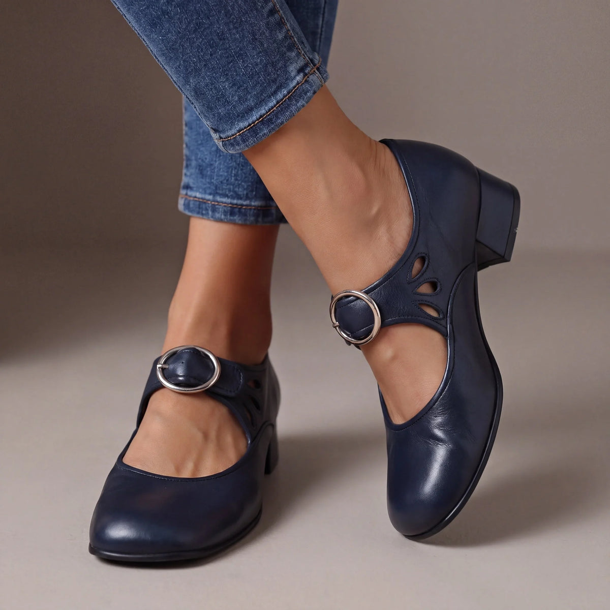 Jocelyn Block Heel Buckle Mary Janes in Navy