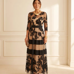 Josephine Floral Lace Tulle Maxi Dress in Black