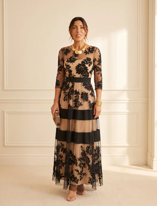 Josephine Floral Lace Tulle Maxi Dress in Black