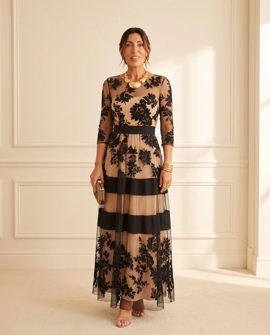 Josephine Floral Lace Tulle Maxi Dress in Black