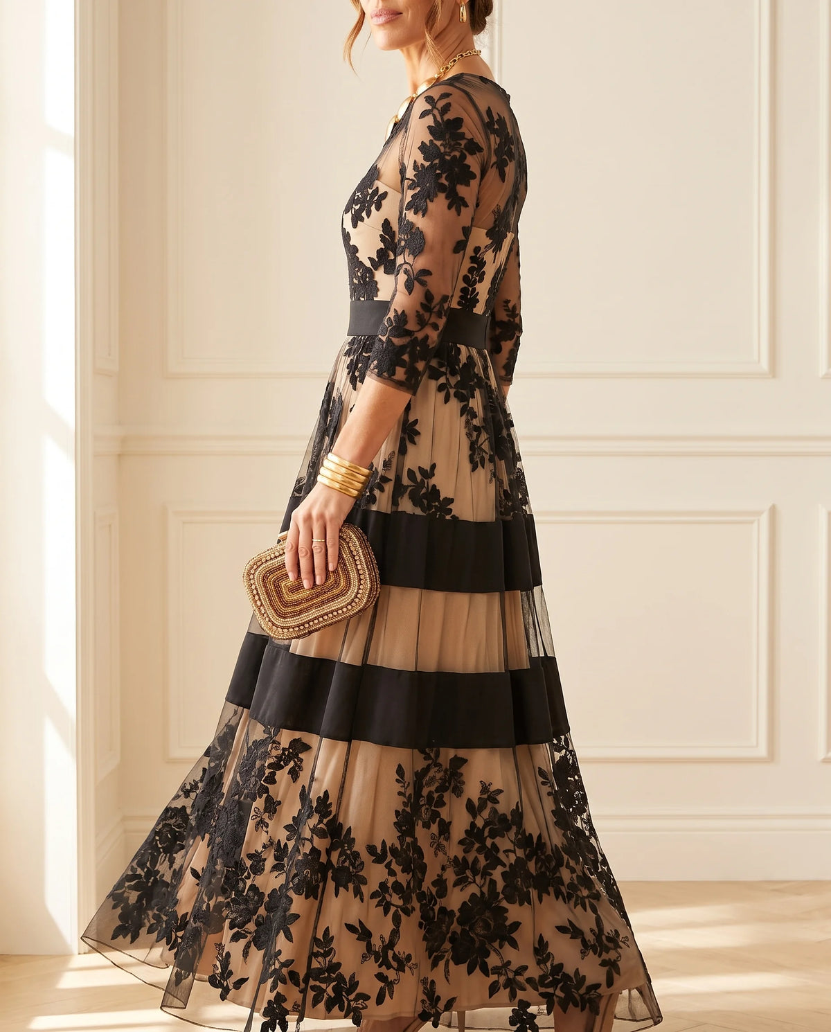 Josephine Floral Lace Tulle Maxi Dress in Black