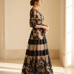 Josephine Floral Lace Tulle Maxi Dress in Black