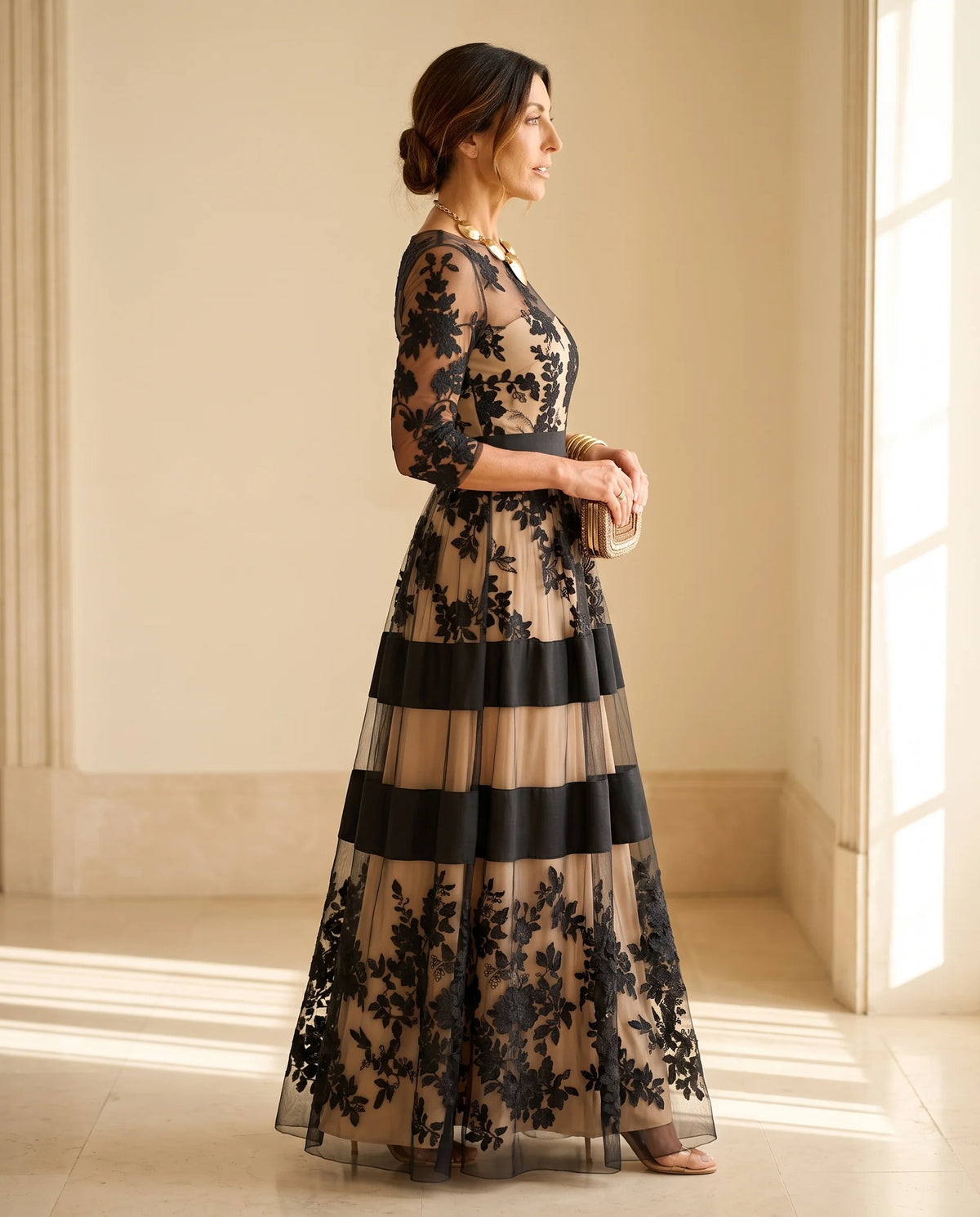 Josephine Floral Lace Tulle Maxi Dress in Black