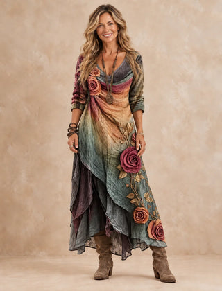 Joy Layered Rose Print Maxi Dress in Multicolour