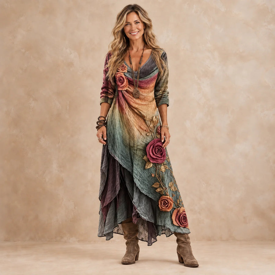 Joy Layered Rose Print Maxi Dress in Multicolour