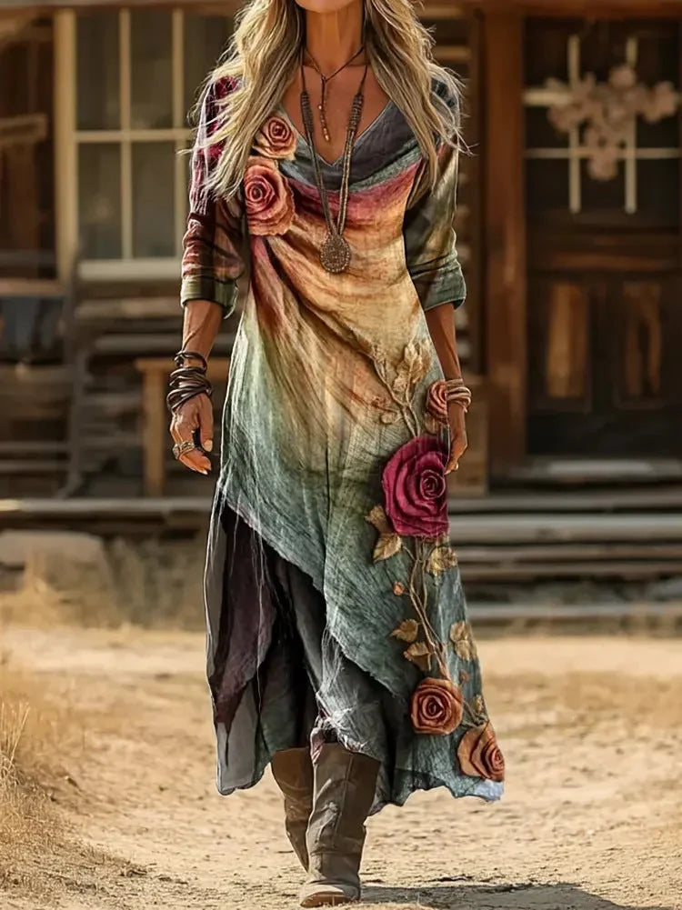 Joy Layered Rose Print Maxi Dress in Multicolour