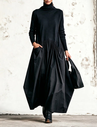 Judith High-Neck Pocket Maxi Dress in Black