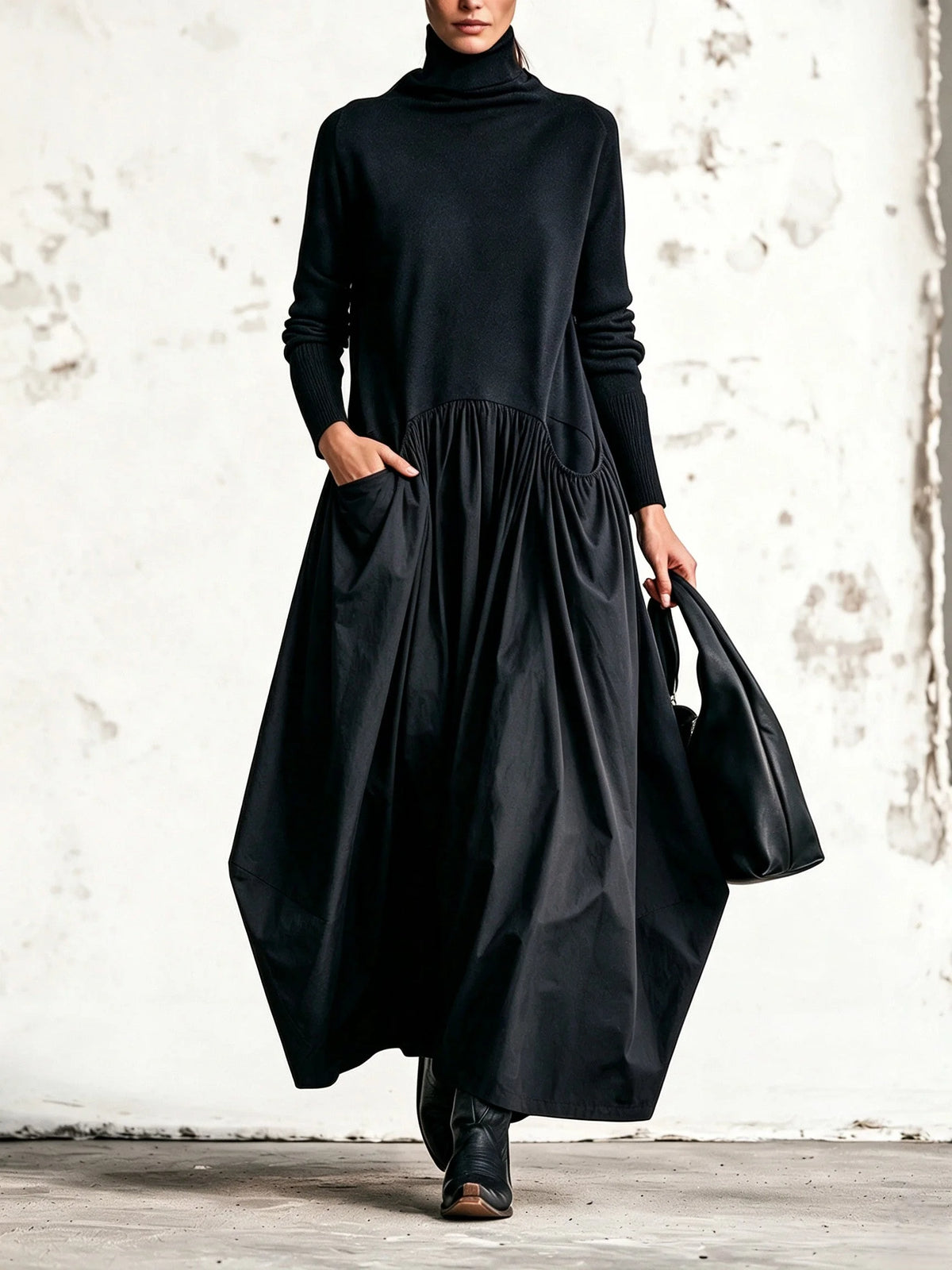 Judith High-Neck Pocket Maxi Dress in Black