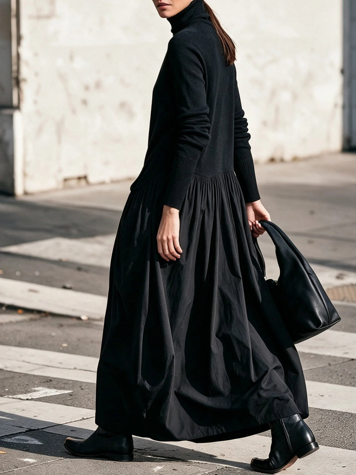 Judith High-Neck Pocket Maxi Dress in Black