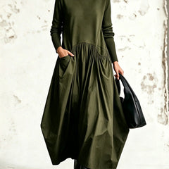Judith High-Neck Pocket Maxi Dress in Olive Green