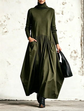 Judith High-Neck Pocket Maxi Dress in Olive Green