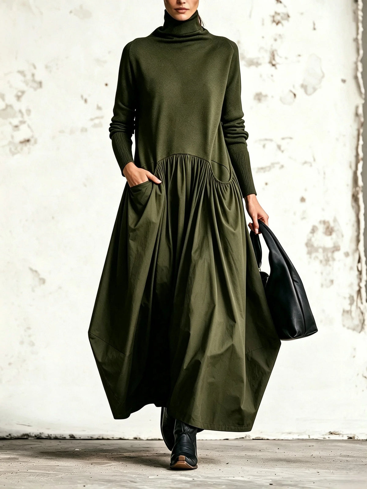 Judith High-Neck Pocket Maxi Dress in Olive Green
