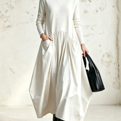 Judith High-Neck Pocket Maxi Dress in Cream