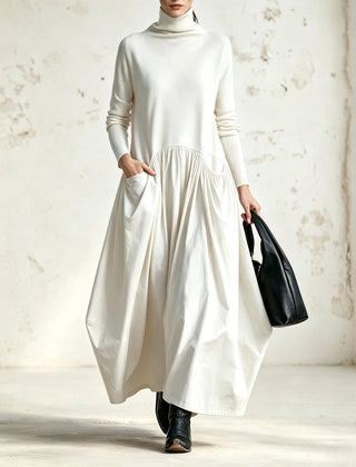 Judith High-Neck Pocket Maxi Dress in Cream
