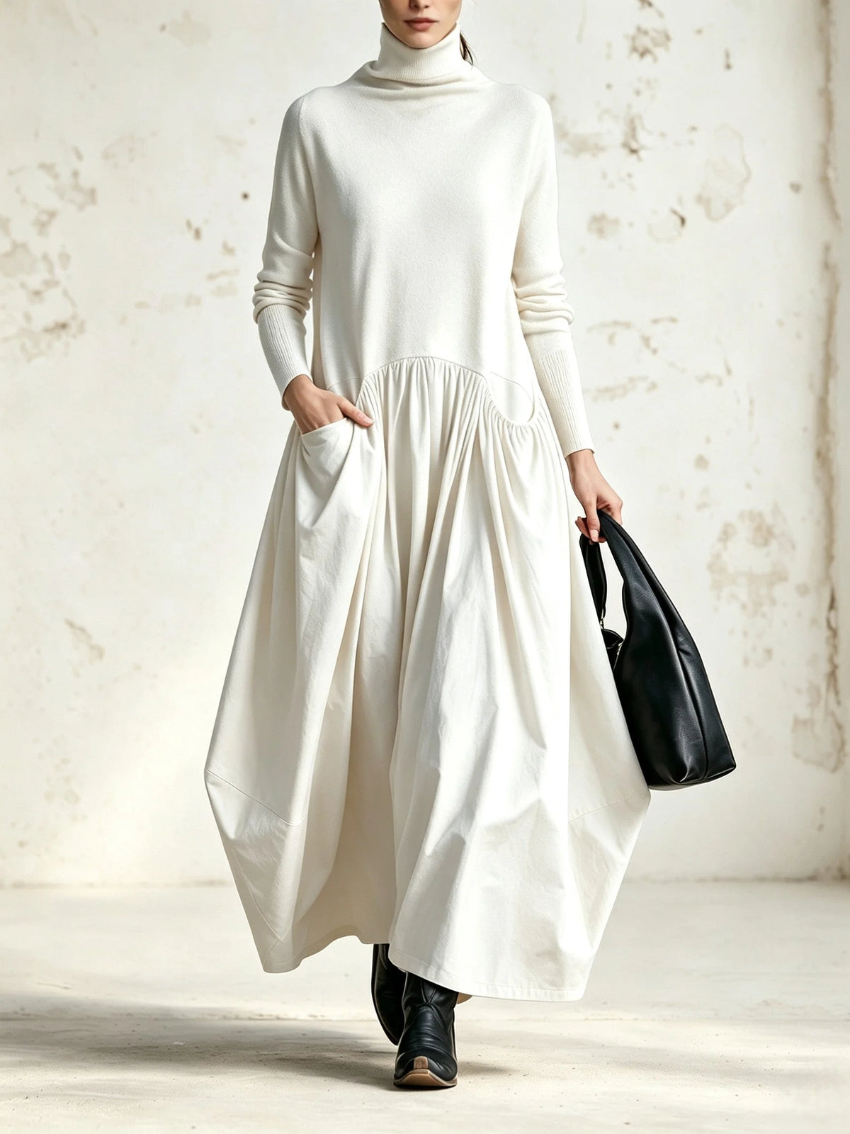 Judith High-Neck Pocket Maxi Dress in Cream