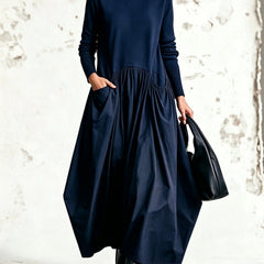 Judith High-Neck Pocket Maxi Dress in Navy